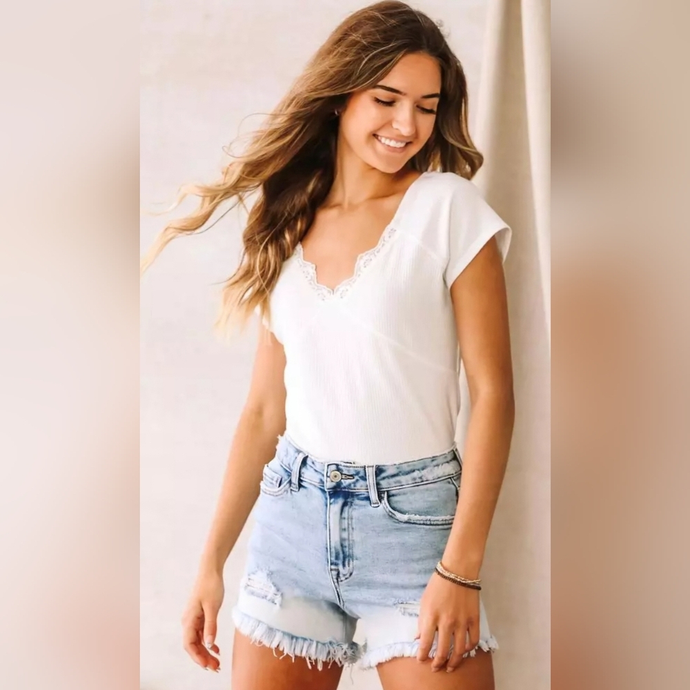 Buckle Ribbed Knit Lace V-Cut Corset Cut White Short Sleeve Top Sophisticated